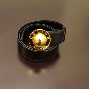 Celine black leather belt with gold tone dome buckle